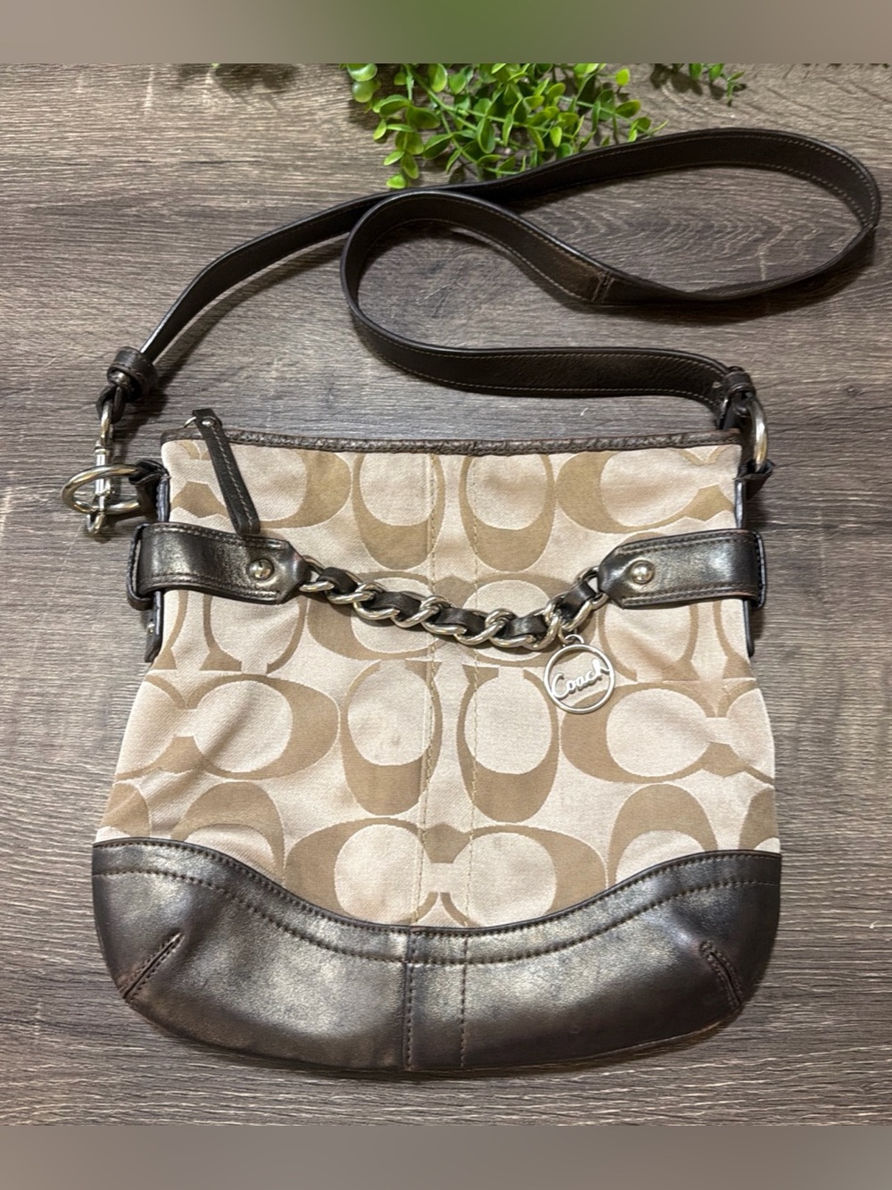 Coach Signature C Canvas Leather Trim Crossbody Shoulder Bag Brown Chain